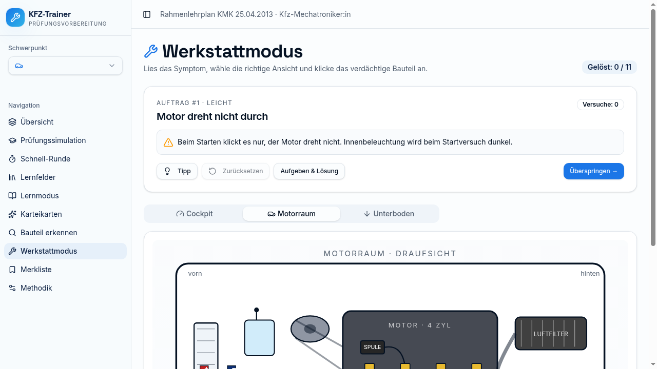 Werkstattmodus mit Diagnose am Fahrzeug